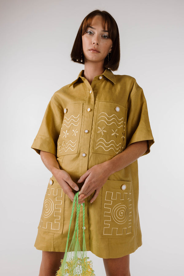 WAVY SWIRLY SQUARE EMBROIDERED SHIRT DRESS - Olive