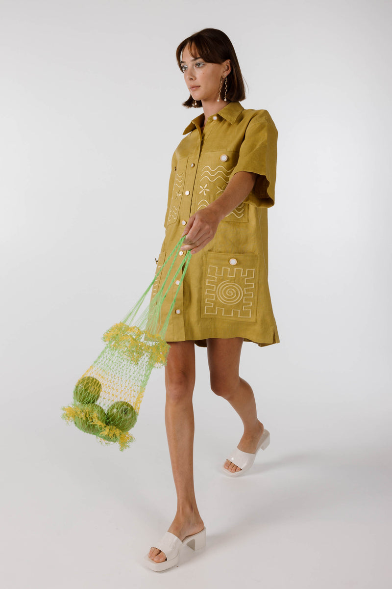 WAVY SWIRLY SQUARE EMBROIDERED SHIRT DRESS - Olive