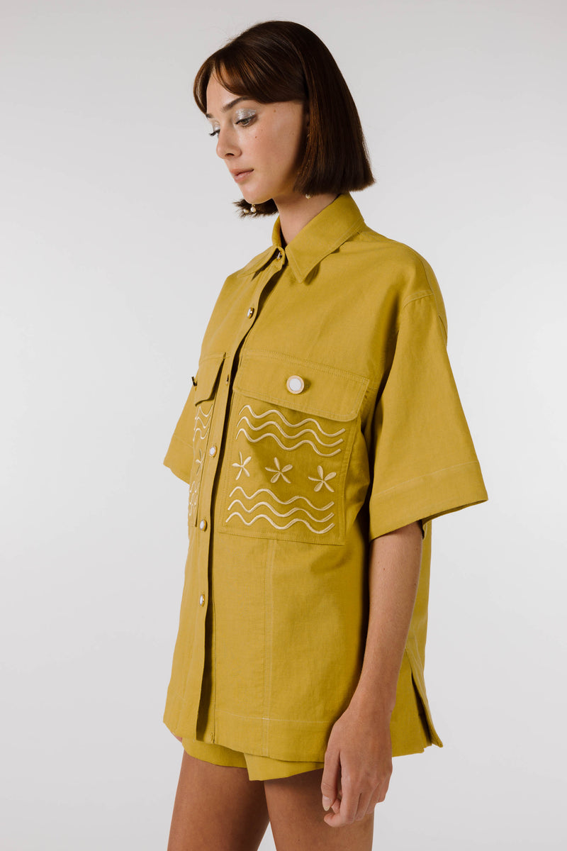 FLOWERS FOREVER EMBROIDERED SHIRT - Olive