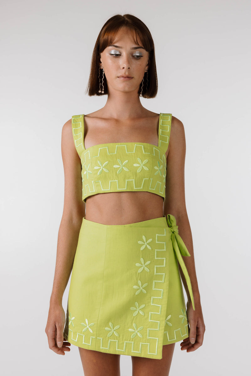 PRE ORDER | FLOWERS FOREVER EMBROIDERED WRAP SKIRT - Lime