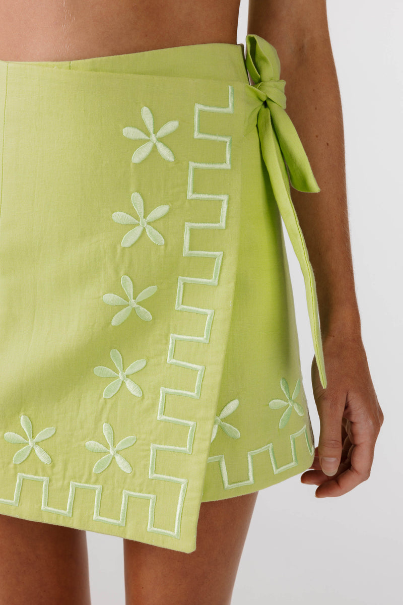 PRE ORDER | FLOWERS FOREVER EMBROIDERED WRAP SKIRT - Lime