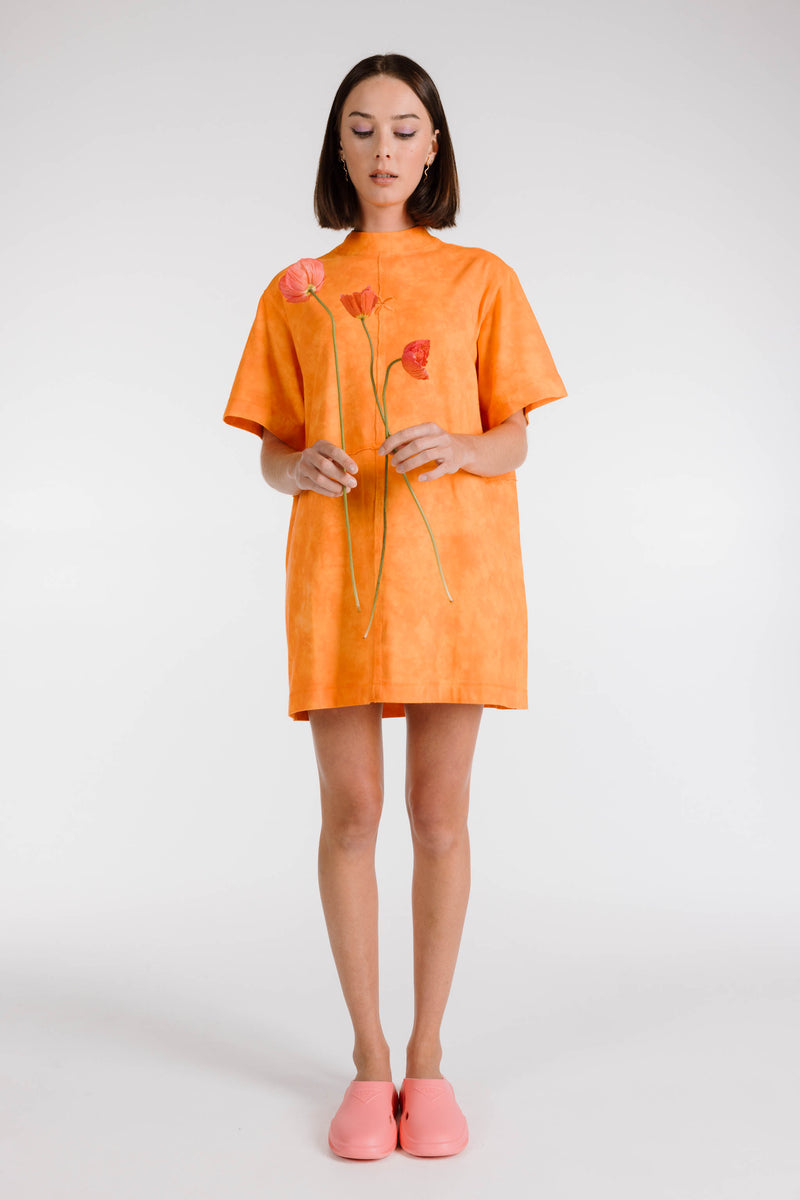 LE FLEUR ORGANIC COTTON TIE DYE SHIRT DRESS - TANGERINE