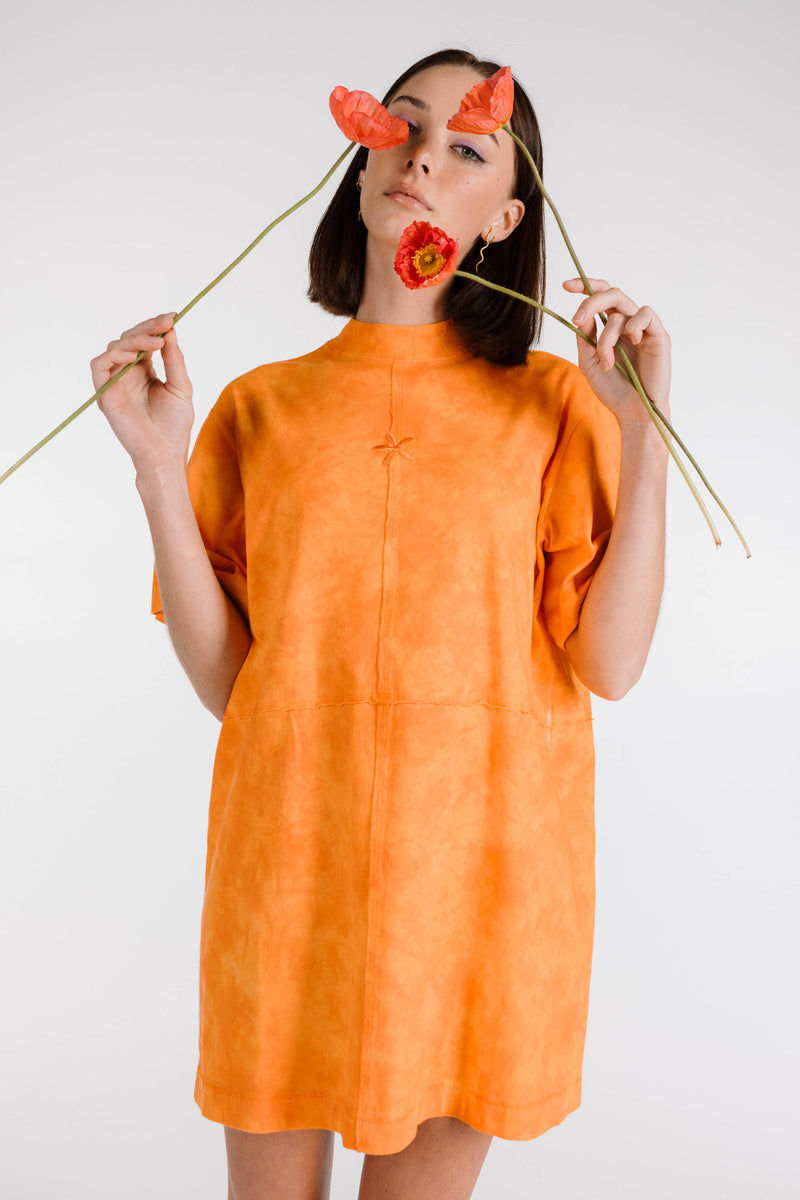 LE FLEUR ORGANIC COTTON TIE DYE SHIRT DRESS - TANGERINE