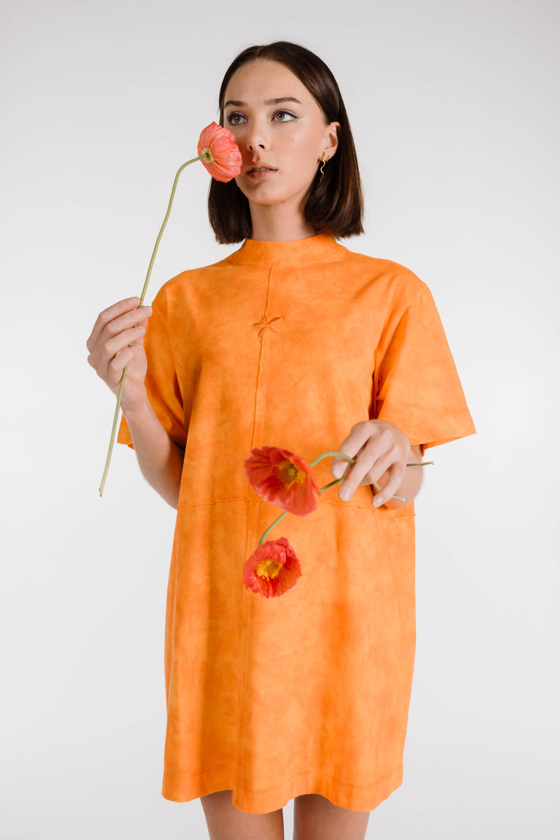 LE FLEUR ORGANIC COTTON TIE DYE SHIRT DRESS - TANGERINE