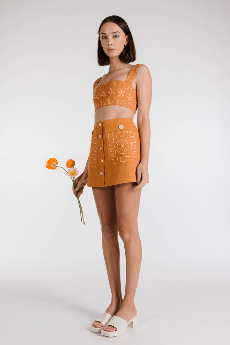 MADE TO ORDER | SWIRLY SQUARE EMBROIDERED MINI SKIRT - Terracotta