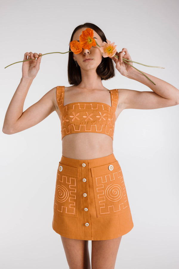 MADE TO ORDER | SWIRLY SQUARE EMBROIDERED MINI SKIRT - Terracotta