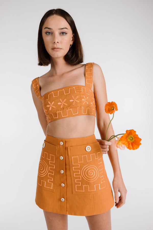 MADE TO ORDER | SWIRLY SQUARE EMBROIDERED MINI SKIRT - Terracotta