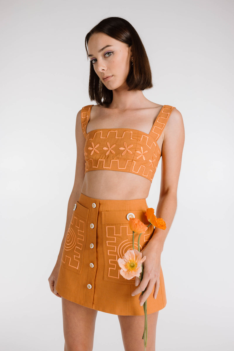 MADE TO ORDER | SWIRLY SQUARE EMBROIDERED MINI SKIRT - Terracotta