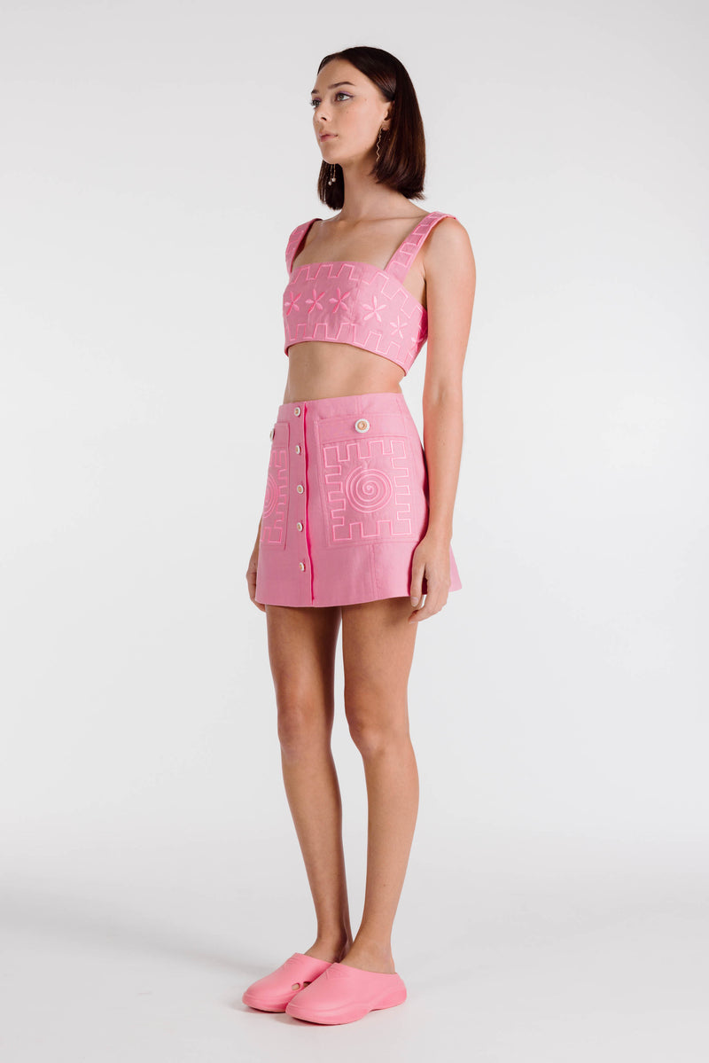 SWIRLY SQUARE EMBROIDERED POCKET MINI SKIRT - pink