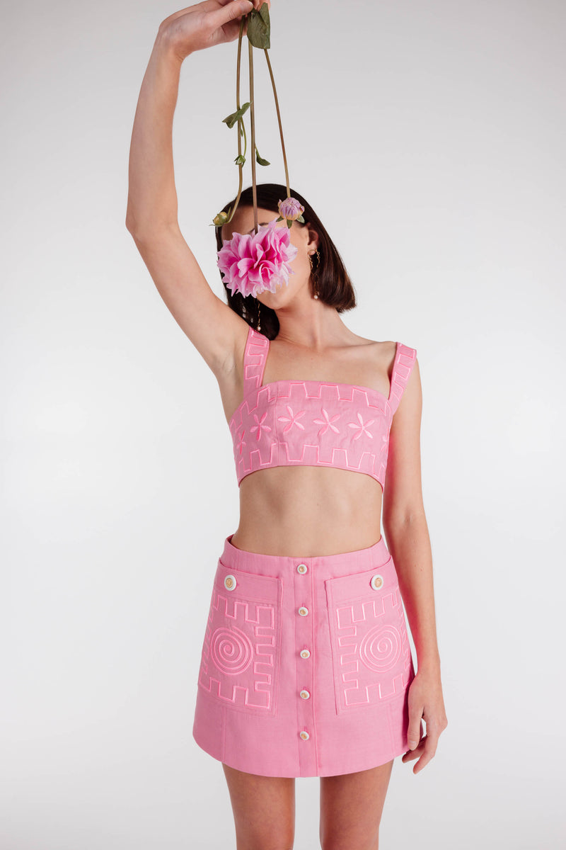MADE TO ORDER | SWIRLY SQUARE EMBROIDERED MINI SKIRT - Azalea