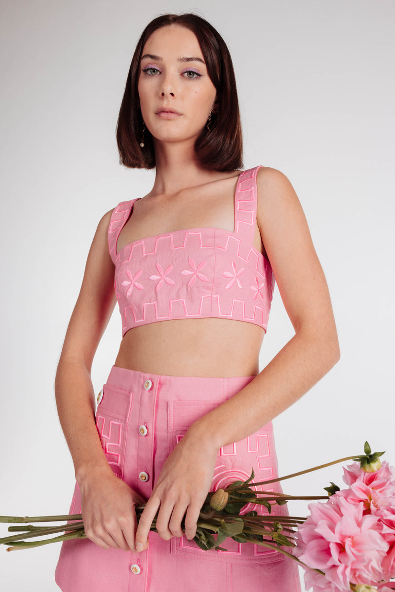 MADE TO ORDER | FLOWERS FOREVER EMBROIDERED CROP - Azalea