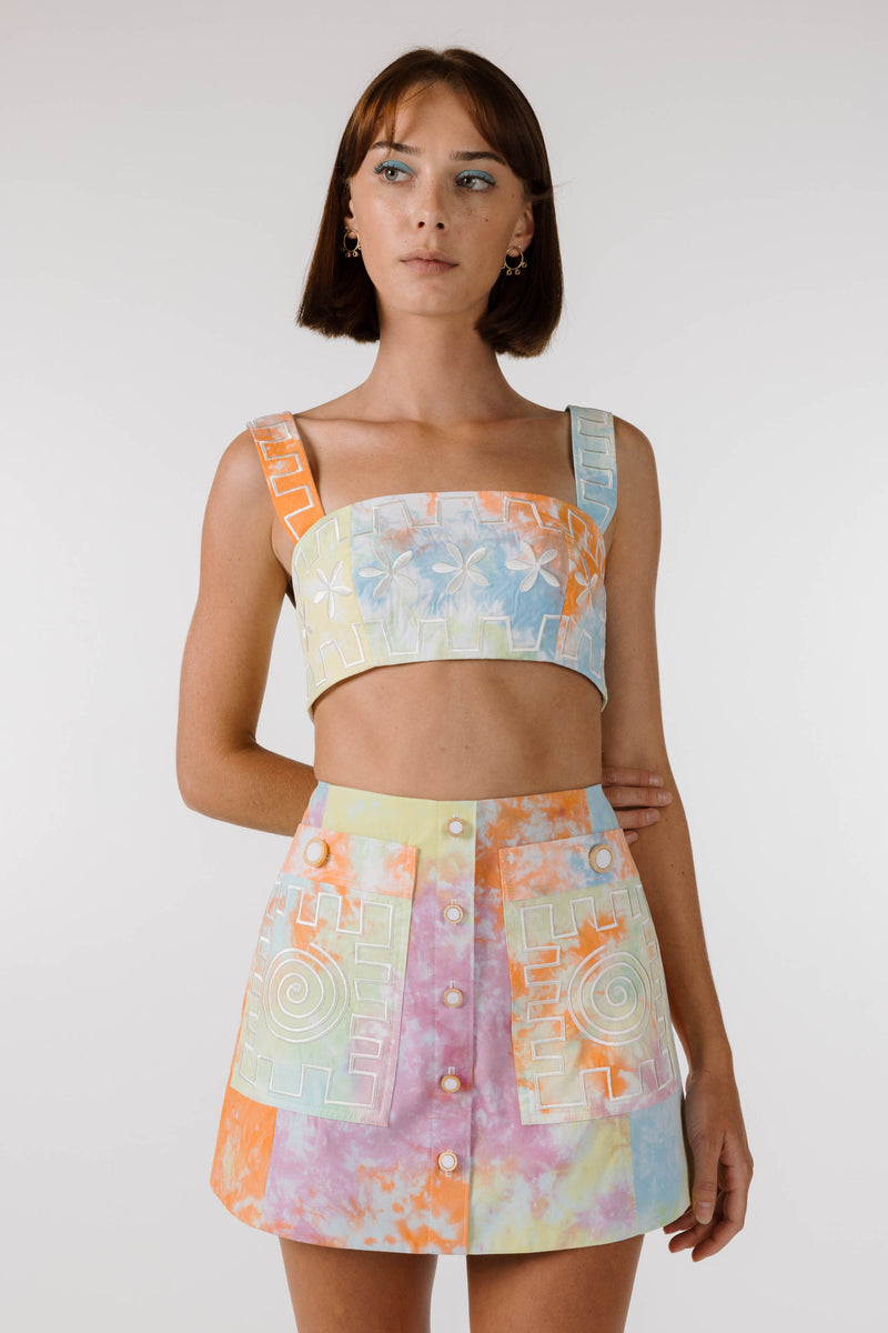 PRE ORDER - EASTER DELIVERY | SWIRLY SQUARE EMBROIDERED POCKET SKIRT ~ Kaleidoscope Tie Dye