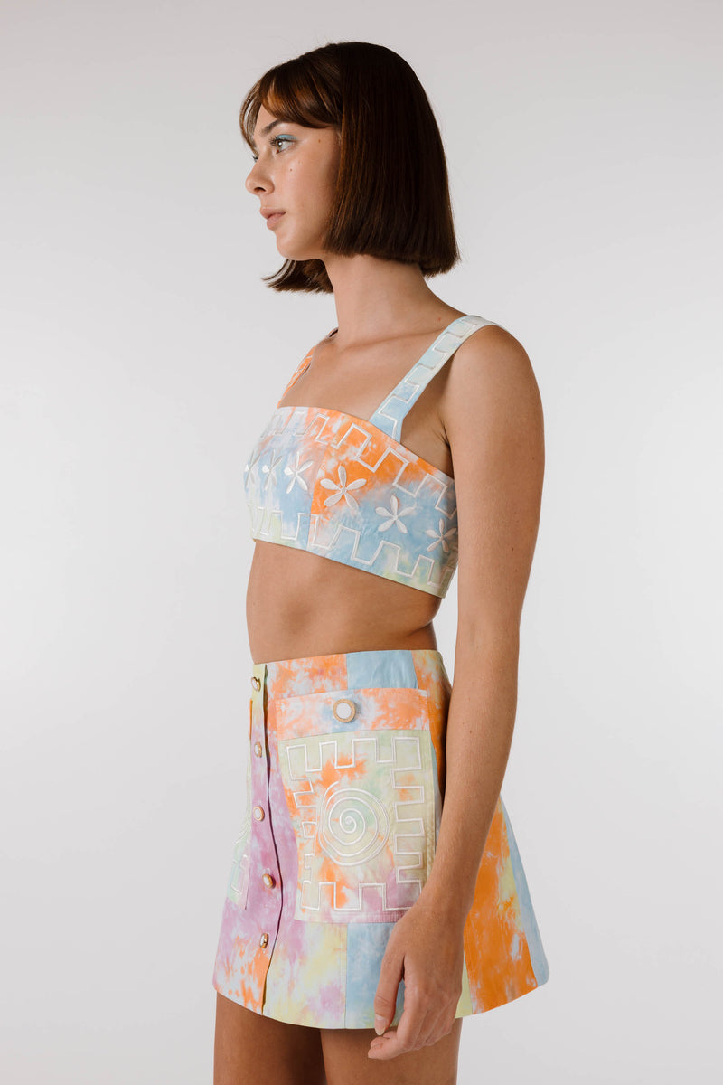 SWIRLY SQUARE EMBROIDERED POCKET SKIRT ~ Kaleidoscope Tie Dye