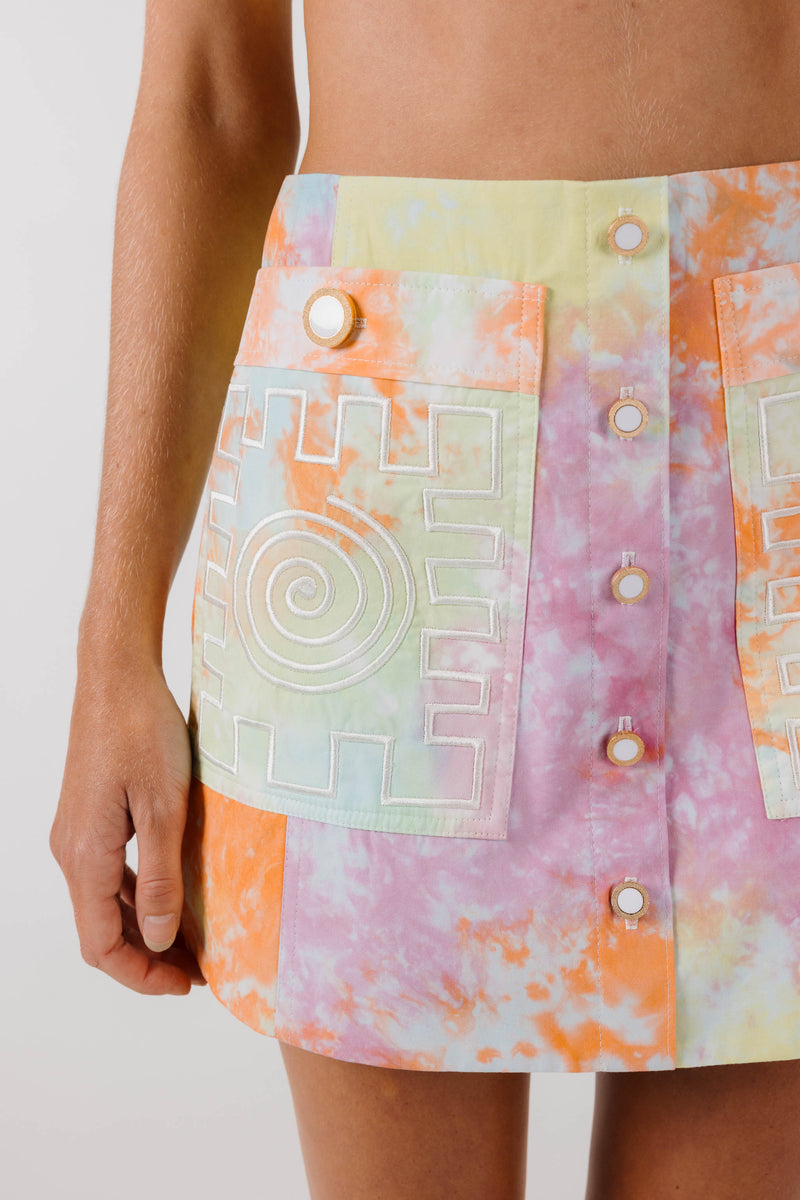 SWIRLY SQUARE EMBROIDERED POCKET SKIRT ~ Kaleidoscope Tie Dye