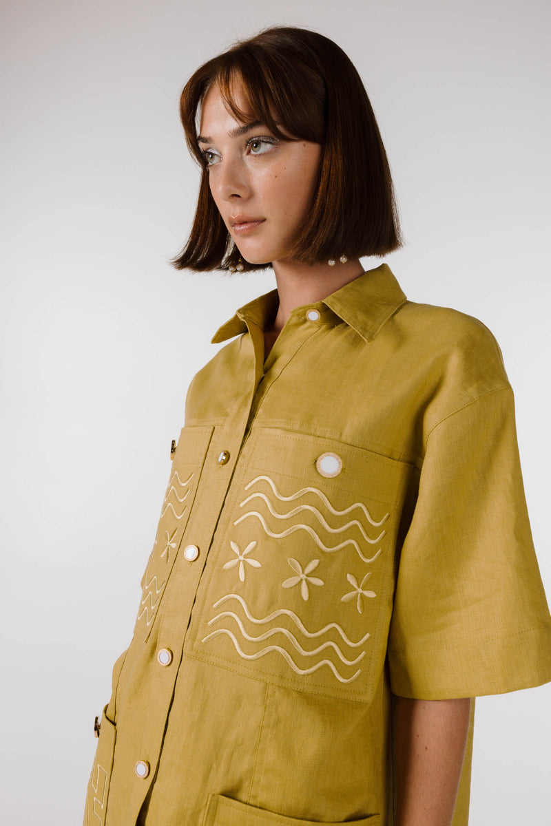 PRE ORDER ~ NOVEMBER | WAVY SWIRLY SQUARE EMBROIDERED SHIRT DRESS - Olive