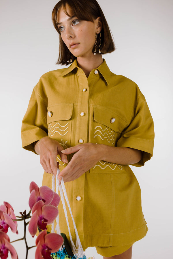 FLOWERS FOREVER EMBROIDERED SHIRT - Olive