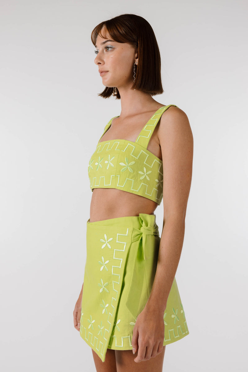FLOWERS FOREVER EMBROIDERED WRAP SKIRT - Lime
