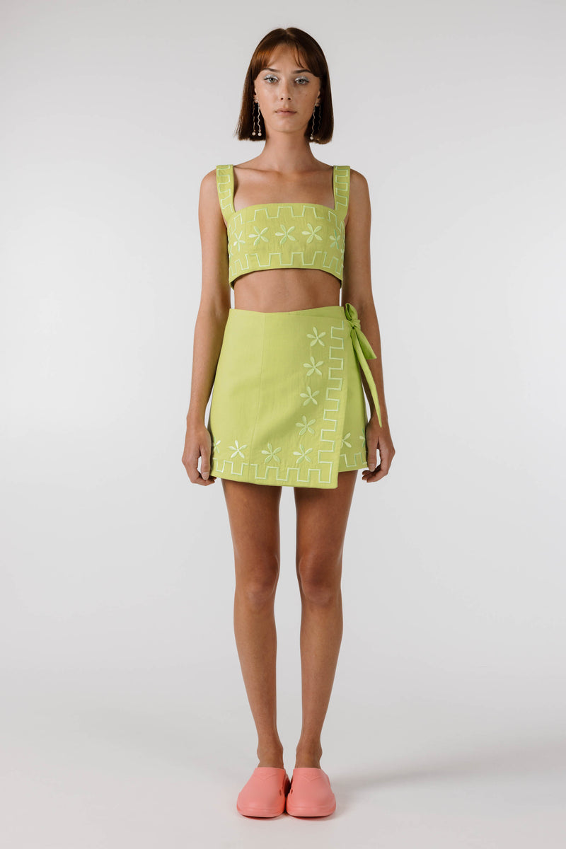 FLOWERS FOREVER EMBROIDERED WRAP SKIRT - Lime