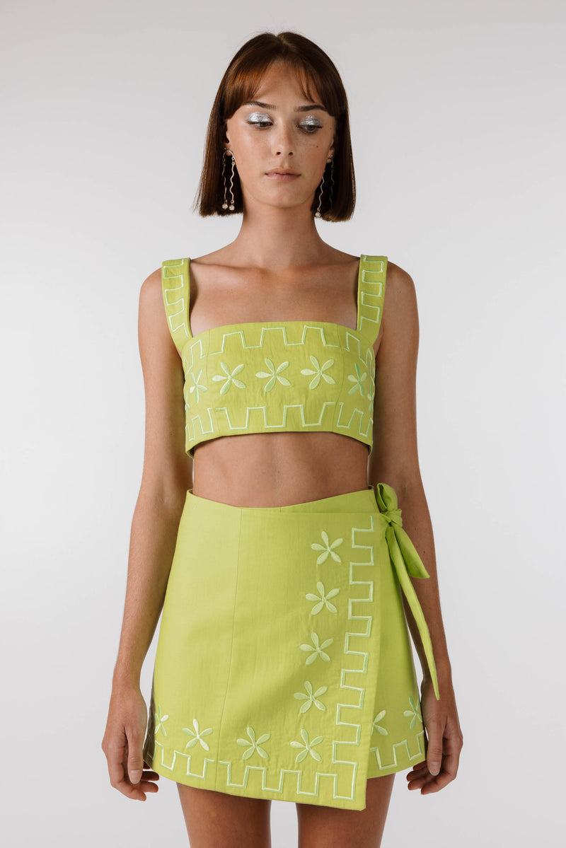 FLOWERS FOREVER EMBROIDERED WRAP SKIRT - Lime