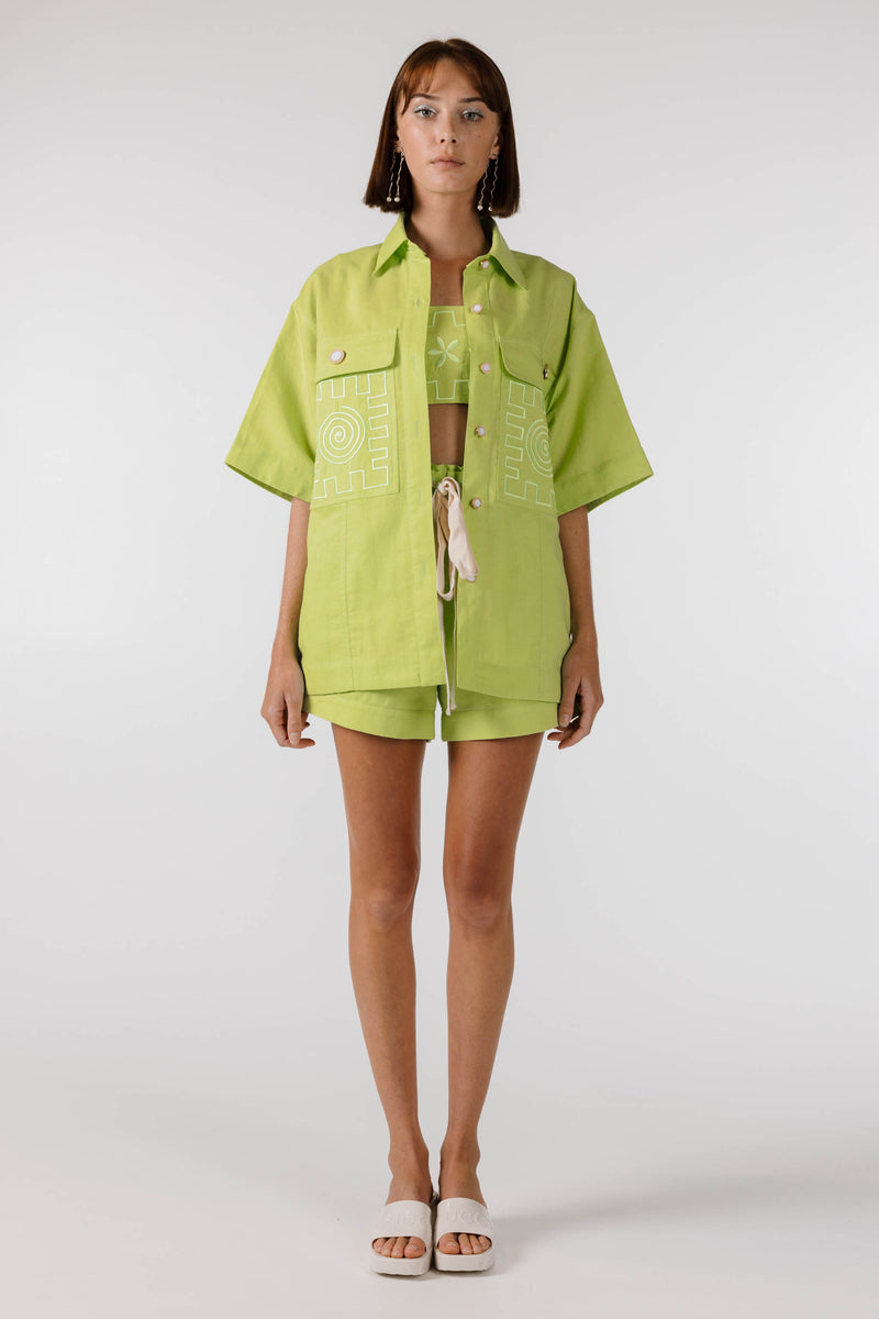 PRE ORDER ~ NOVEMBER | SWIRLY SQUARE EMBROIDERED SHIRT - Lime