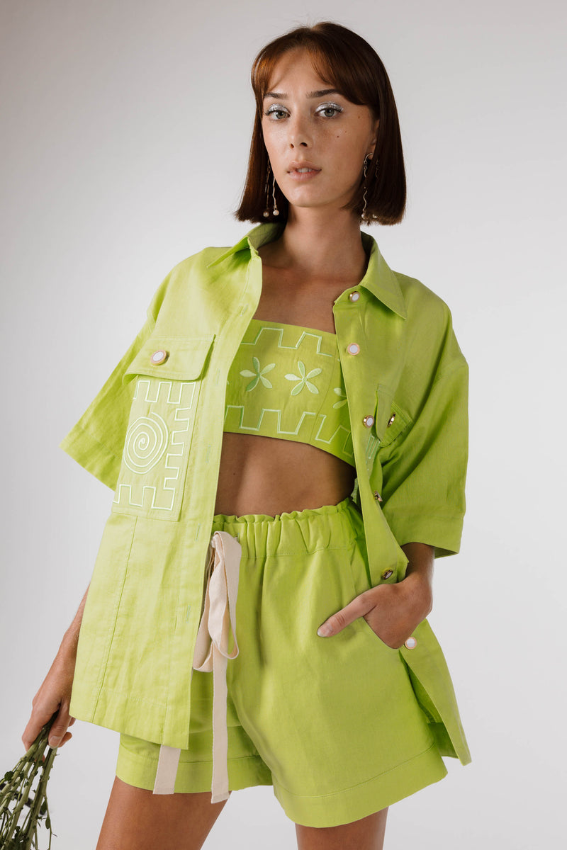 PRE ORDER ~ NOVEMBER | FLOWERS FOREVER EMBROIDERED SHORT - Lime