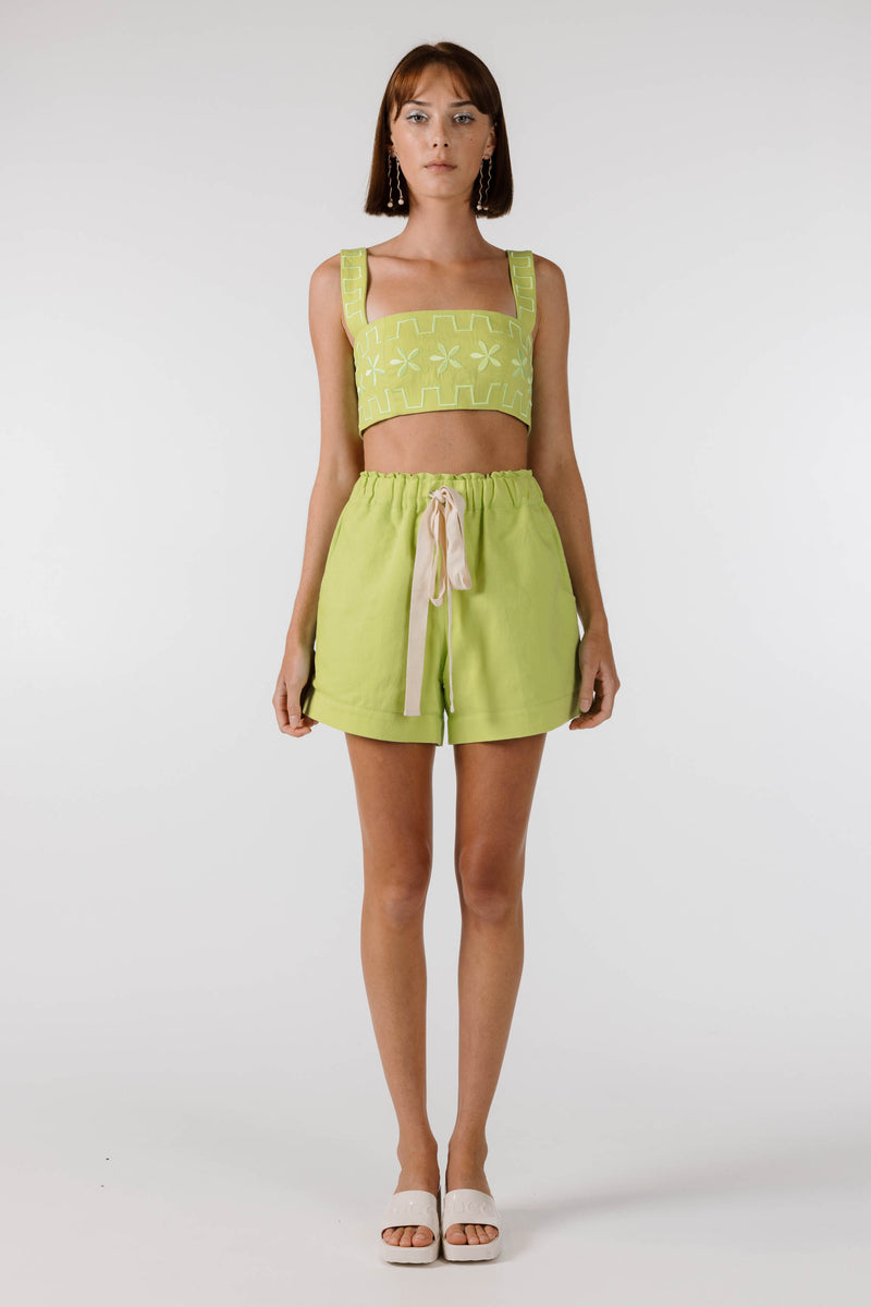 PRE ORDER ~ NOVEMBER | FLOWERS FOREVER EMBROIDERED SHORT - Lime