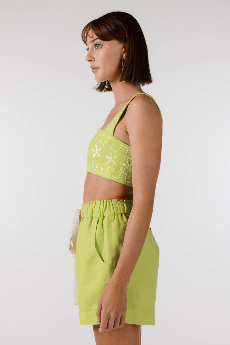 PRE ORDER ~ NOVEMBER | FLOWERS FOREVER EMBROIDERED SHORT - Lime