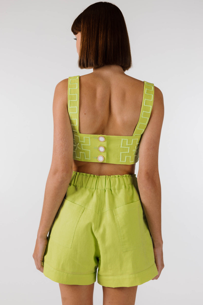 PRE ORDER ~ NOVEMBER | FLOWERS FOREVER EMBROIDERED SHORT - Lime