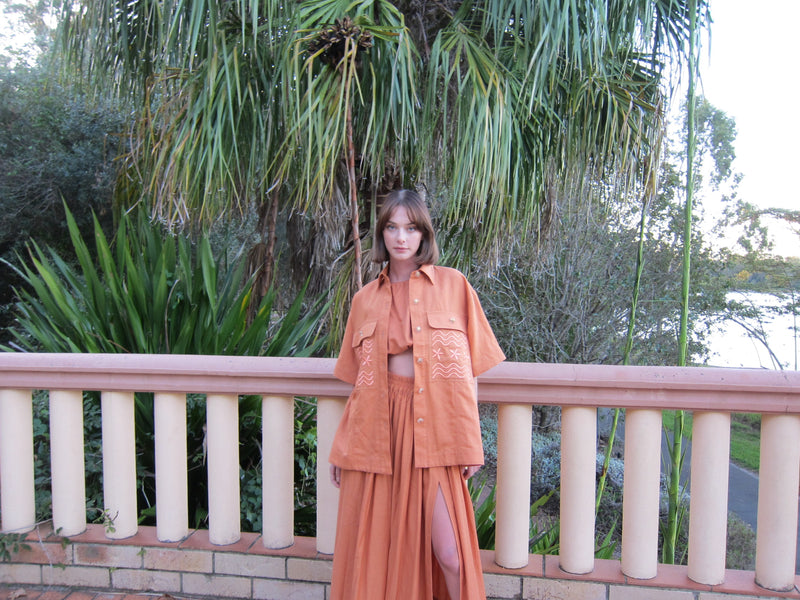 FLOWERS FOREVER EMBROIDERED SHIRT - TERRACOTTA