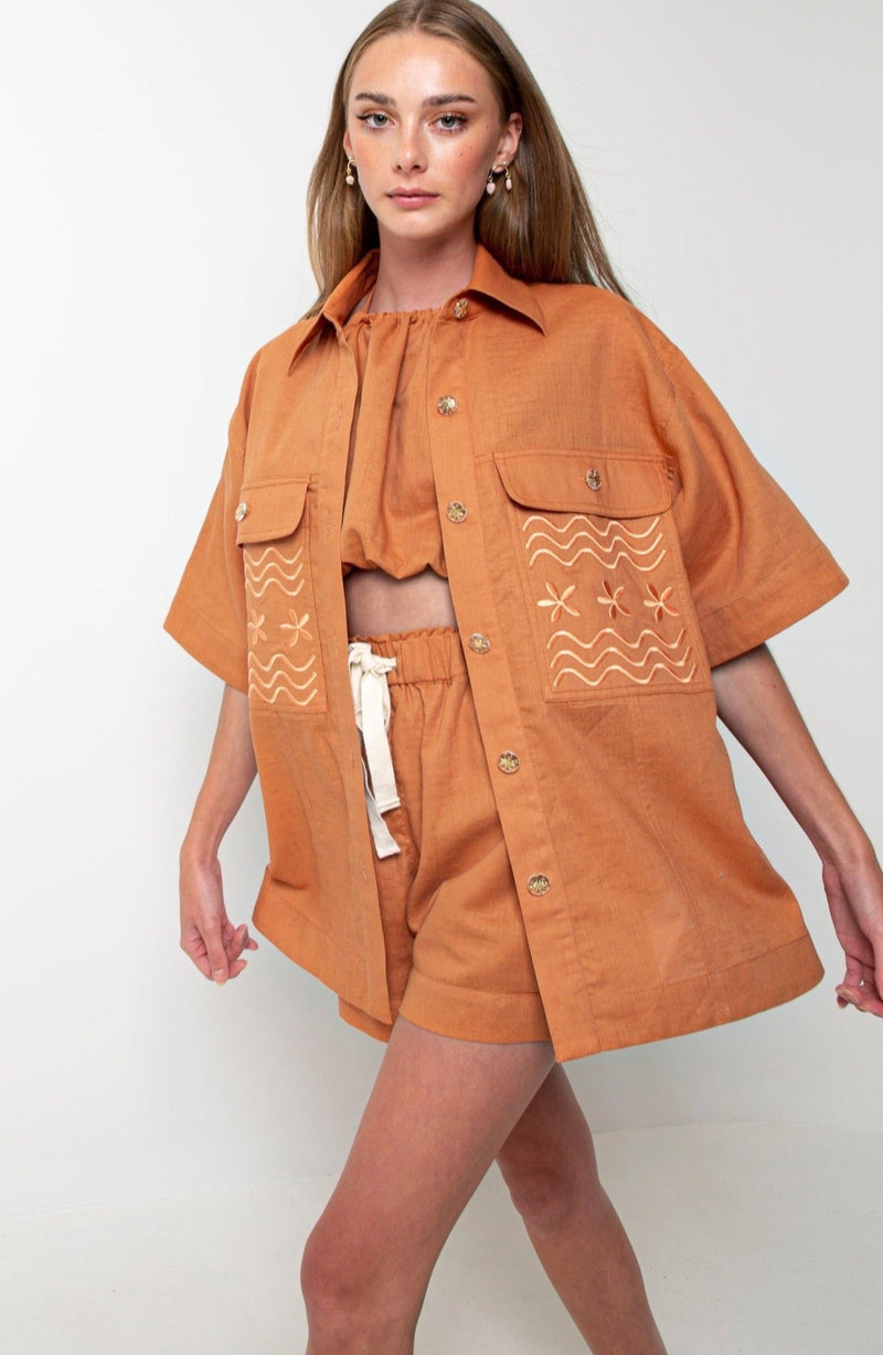 FLOWERS FOREVER EMBROIDERED SHIRT - TERRACOTTA