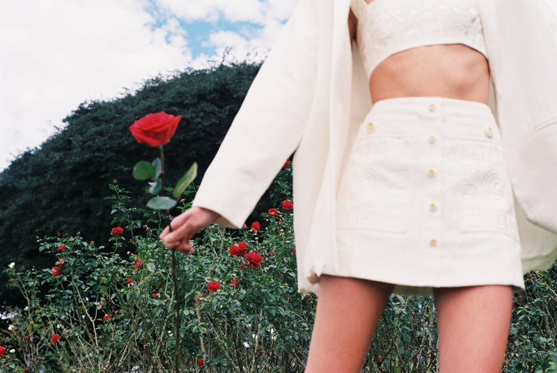 SWIRLY SQUARE EMBROIDERED SKIRT - MAGNOLIA