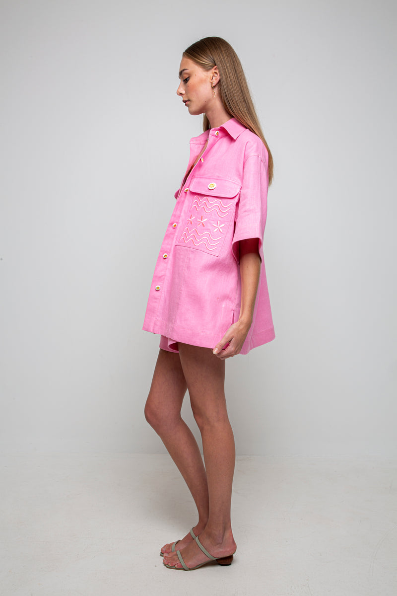 FLOWERS FOREVER EMBROIDERED SHIRT - TAFFY PINK
