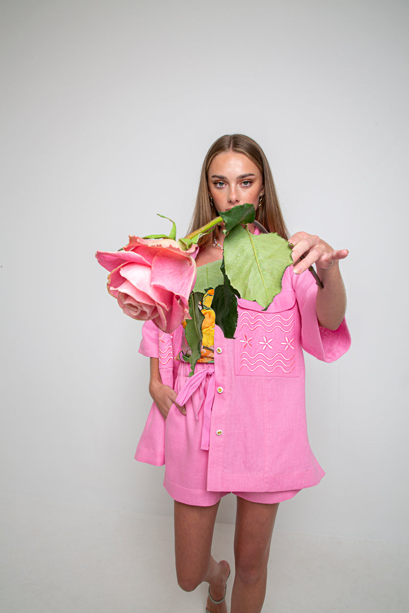 FLOWERS FOREVER EMBROIDERED SHIRT - TAFFY PINK