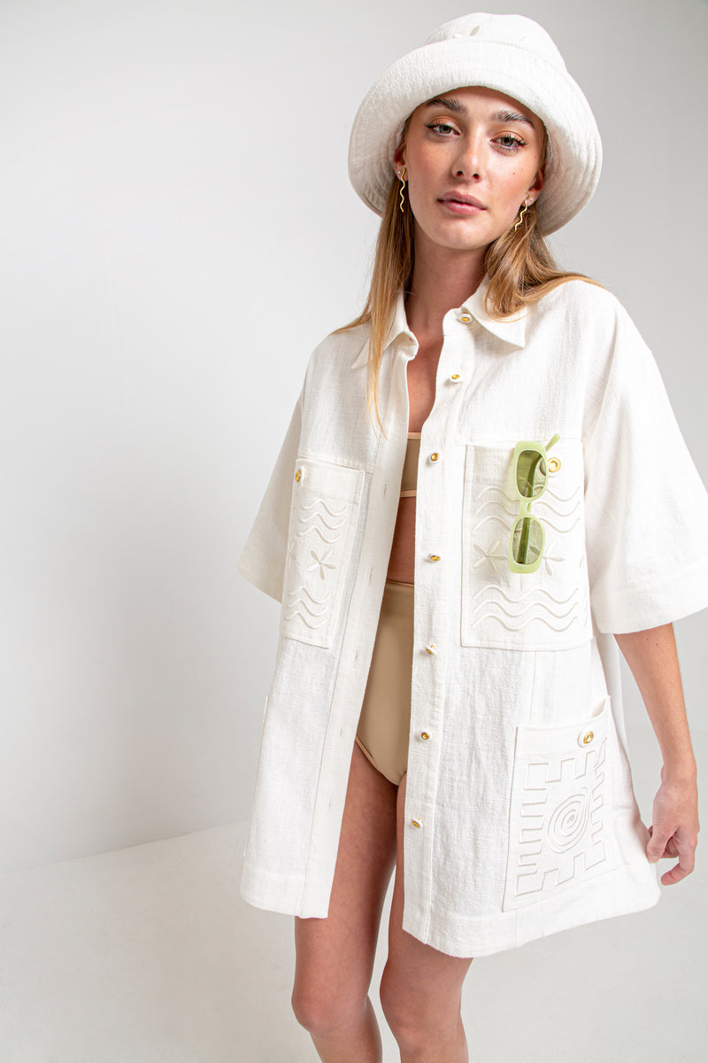 WAVY SWIRLY SQUARE EMBROIDERED SHIRT DRESS - MAGNOLIA