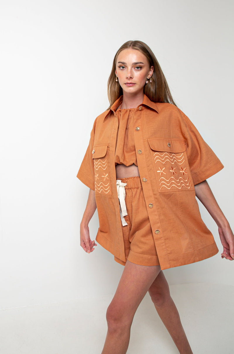 FLOWERS FOREVER EMBROIDERED SHORT - TERRACOTTA