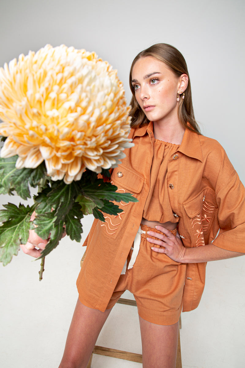 FLOWERS FOREVER EMBROIDERED SHORT - TERRACOTTA