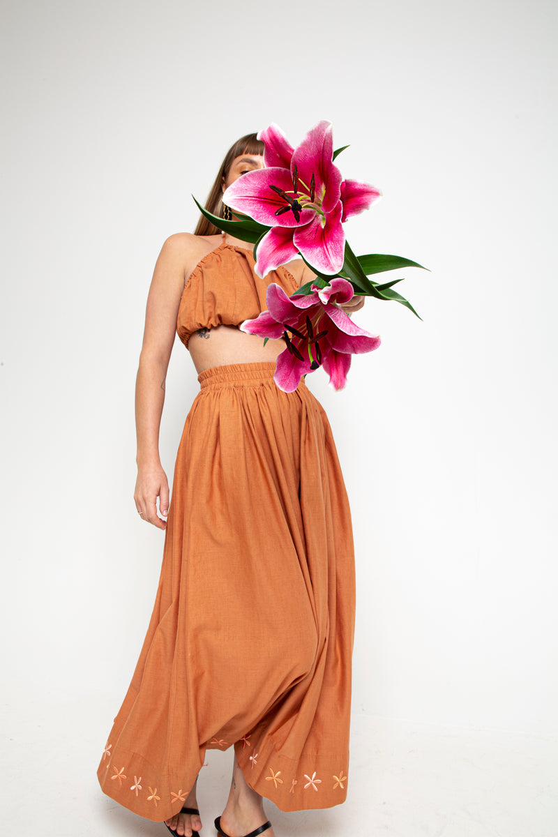 FLOWERS FOREVER EMBROIDERED SKIRT - TERRACOTTA