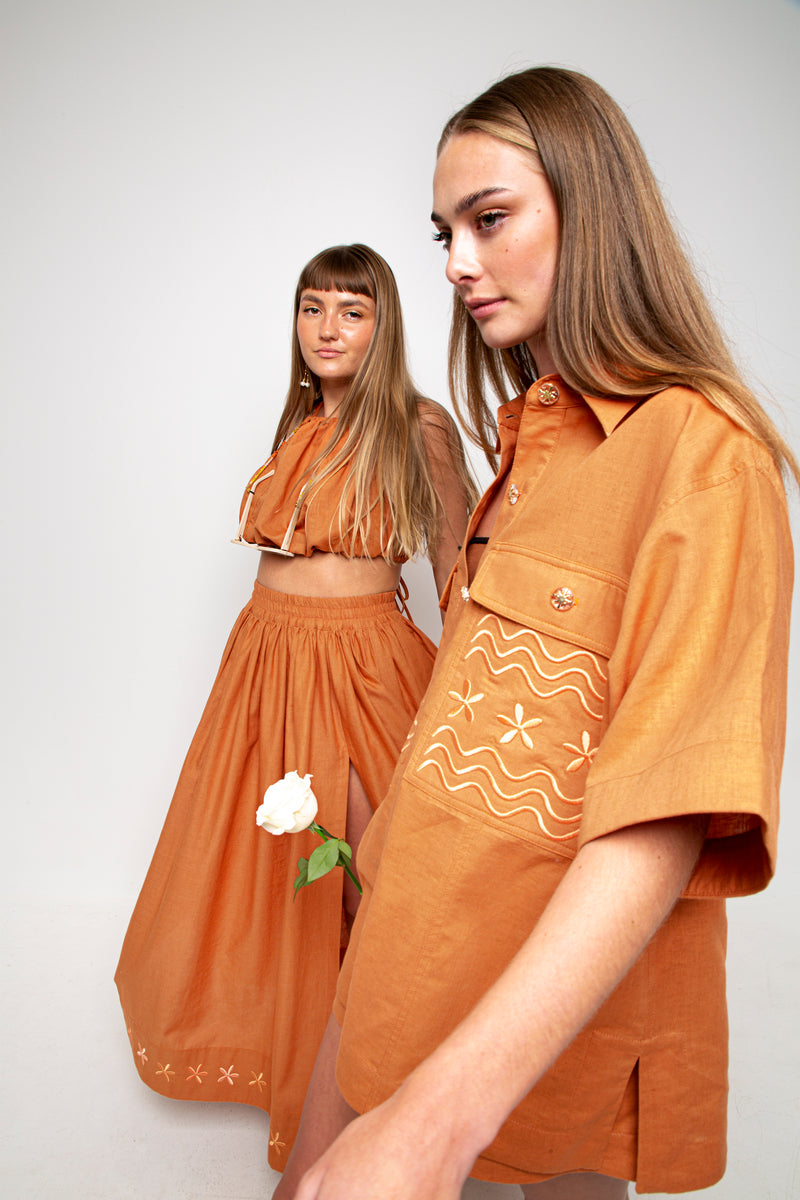 FLOWERS FOREVER EMBROIDERED SKIRT - TERRACOTTA
