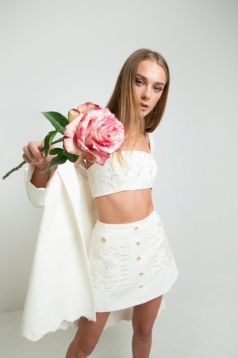 SWIRLY SQUARE EMBROIDERED SKIRT - MAGNOLIA