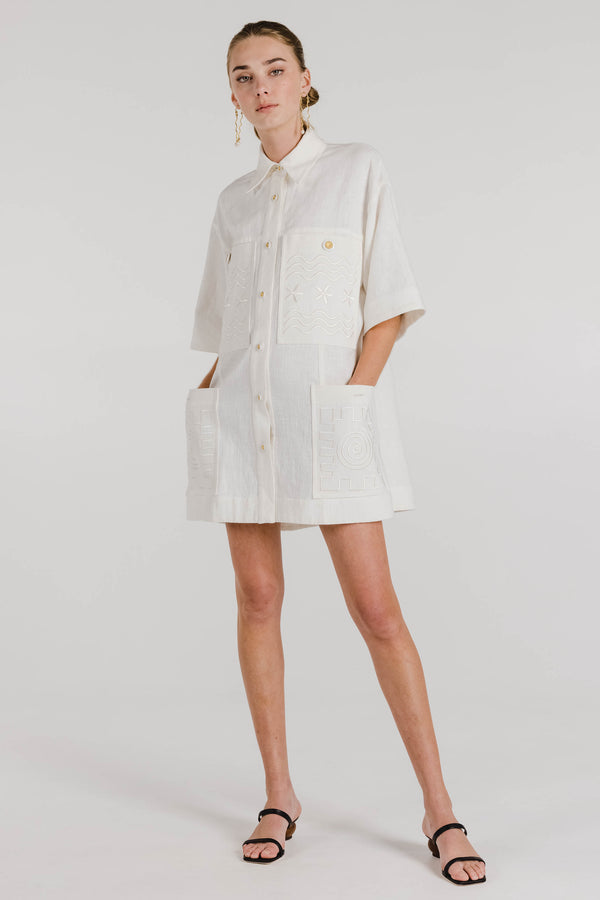MADE TO ORDER ~ WAVY SWIRLY SQUARE EMBROIDERED SHIRT DRESS - MAGNOLIA