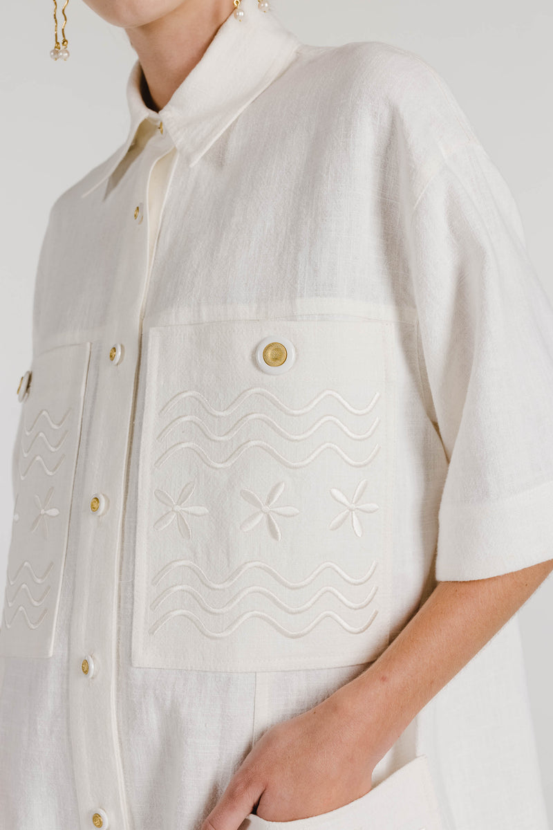WAVY SWIRLY SQUARE EMBROIDERED SHIRT DRESS - MAGNOLIA