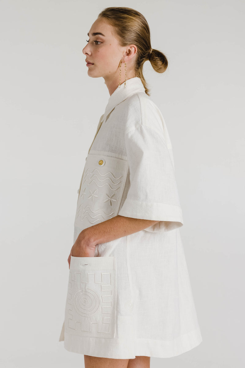 PRE ORDER ~ APRIL DROP | WAVY SWIRLY SQUARE EMBROIDERED SHIRT DRESS - MAGNOLIA