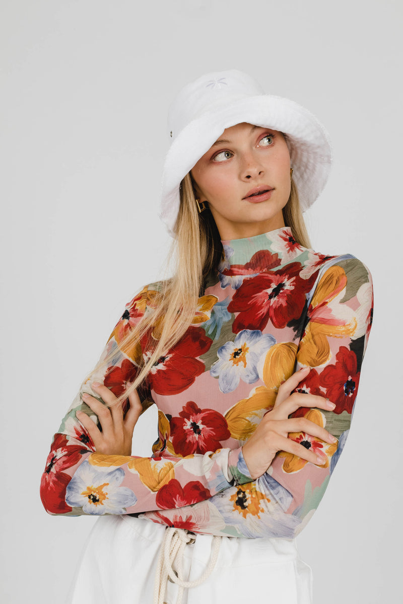 FLOWER POWER LINEN BUCKET HAT - WHITE