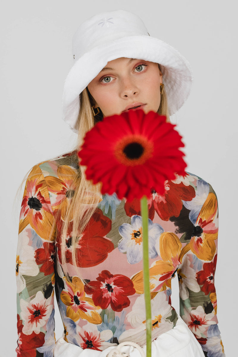 FLOWER POWER LINEN BUCKET HAT - WHITE